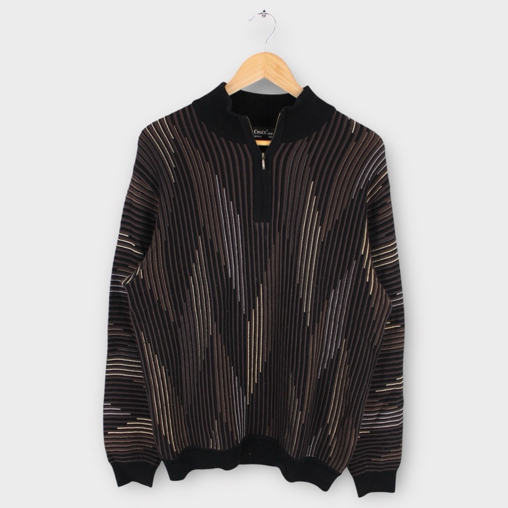 Vintage St. Croix Quarter Zip Knit Sweater Brown Black Stripe Size Medium